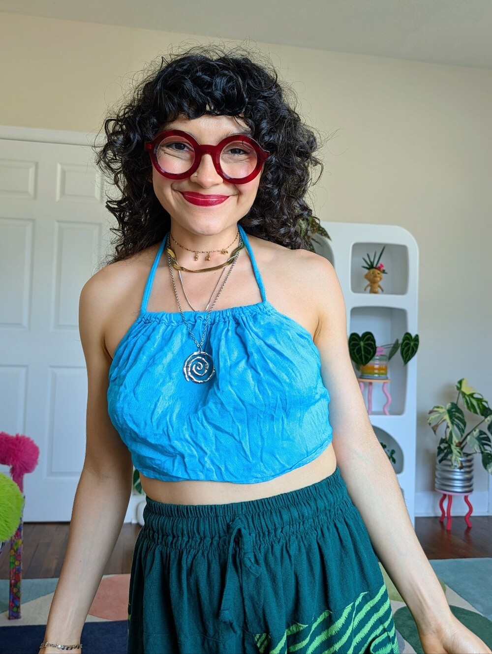 Blue halter crop top with tie back